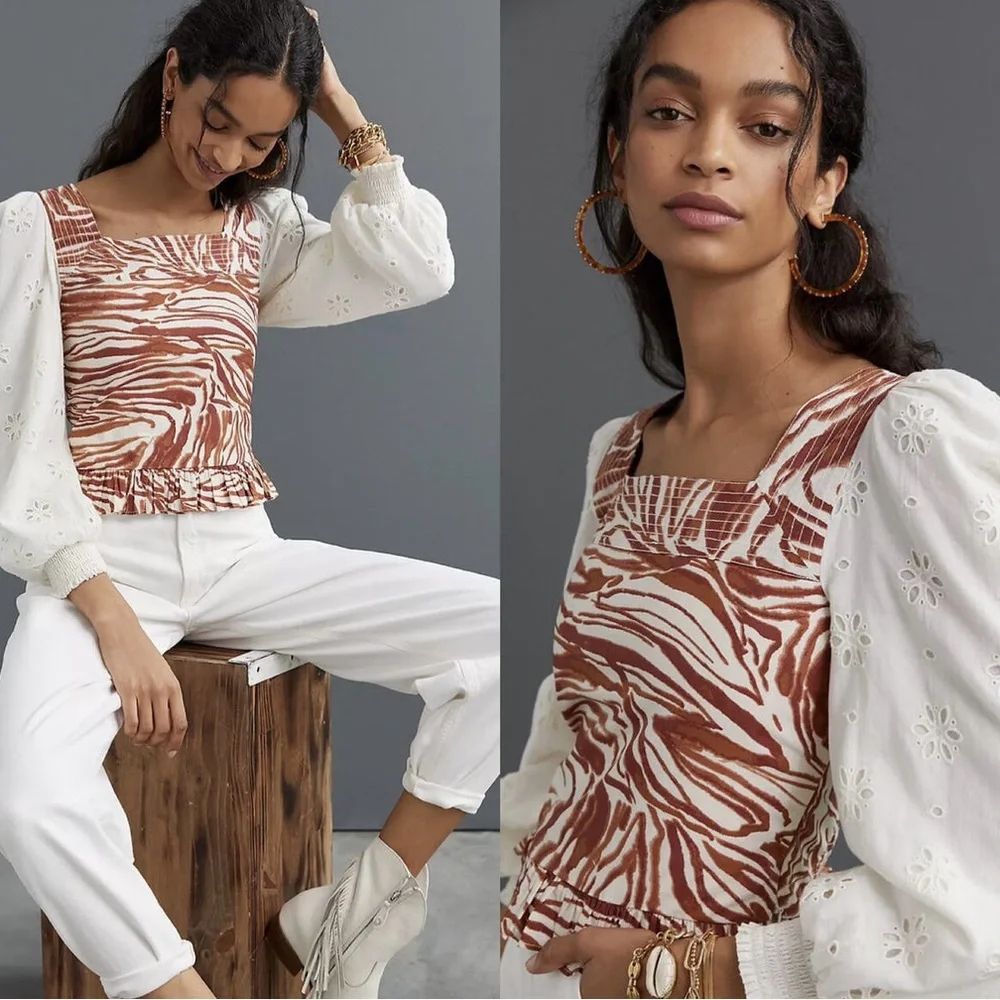 NWT Anthropologie Love The Label Smocked Eyelet Puff Sleeve Blouse Top Size XSP